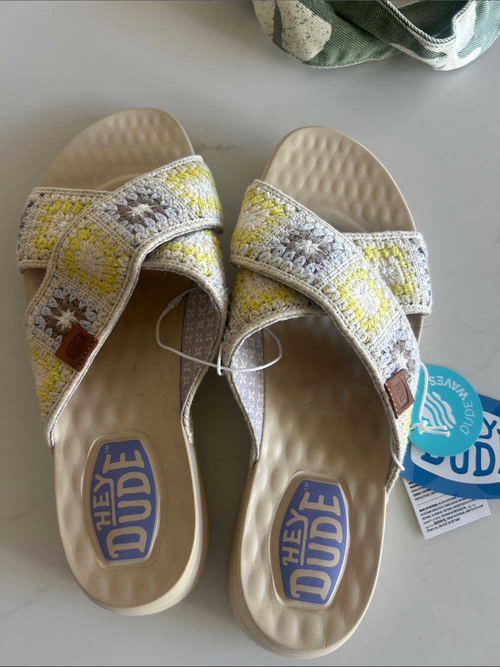 Hey Dude Crochet Crossband Slide Sandals in Yellow and Cream